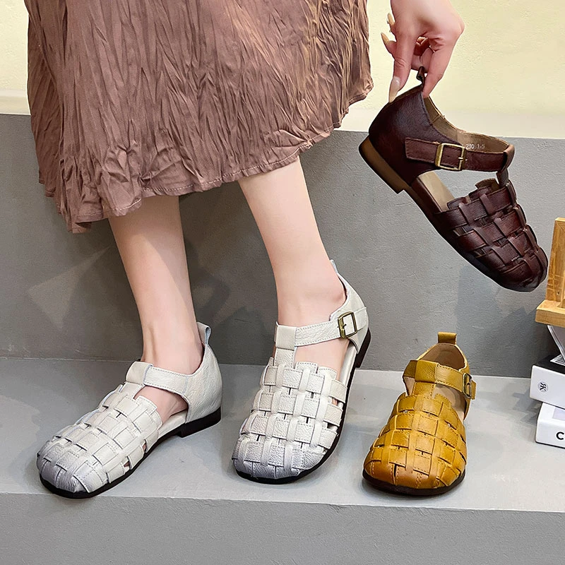 复古手工编织软底包头罗马凉鞋女2025夏季新款真皮森系平底孕妇鞋