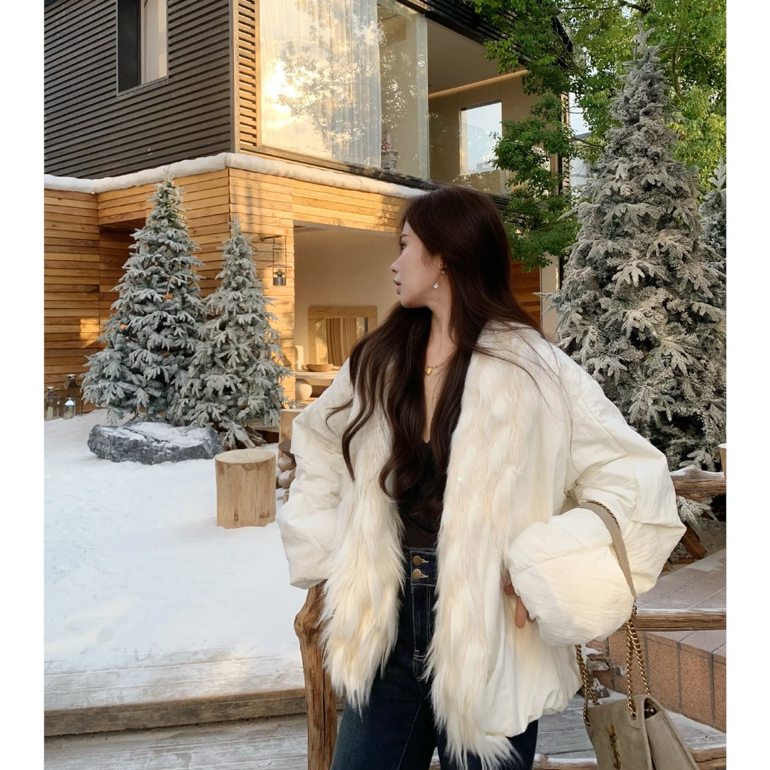 李潇洒【梨泰院】微胖大码白色翻领棉服冬毛绒拼接宽松廓形短款外套