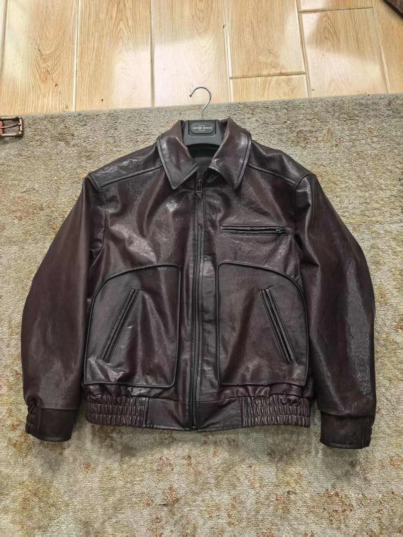 头层山羊皮深棕色复古港风多口袋翻领宽松短款春秋单款男皮衣秋冬