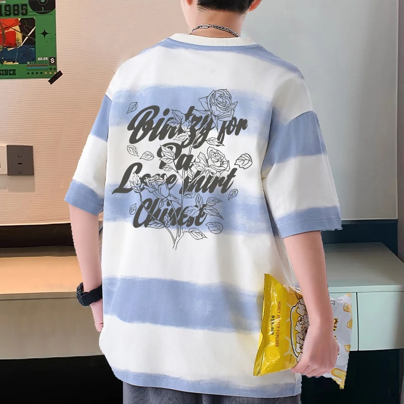 扎染条纹纯棉短袖t恤男生宽松大码上衣美式潮牌小众设计感半截袖