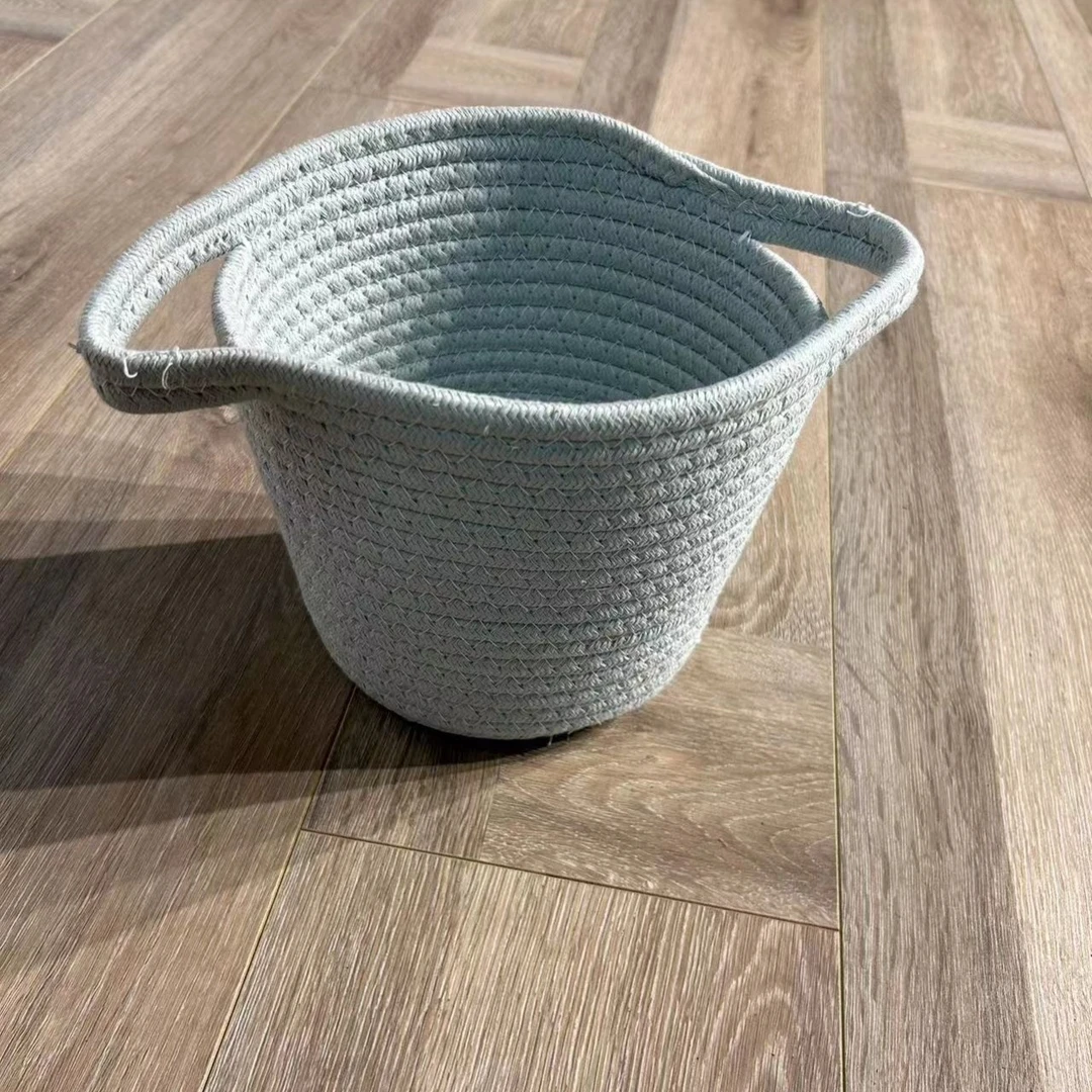 绳编圆形代耳朵收纳筐灰色北欧简约清洁玩具037