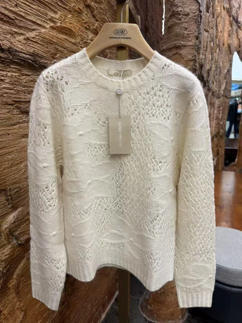 女镂空常规款长袖圆领白色上衣针织薄款百搭羊绒衫