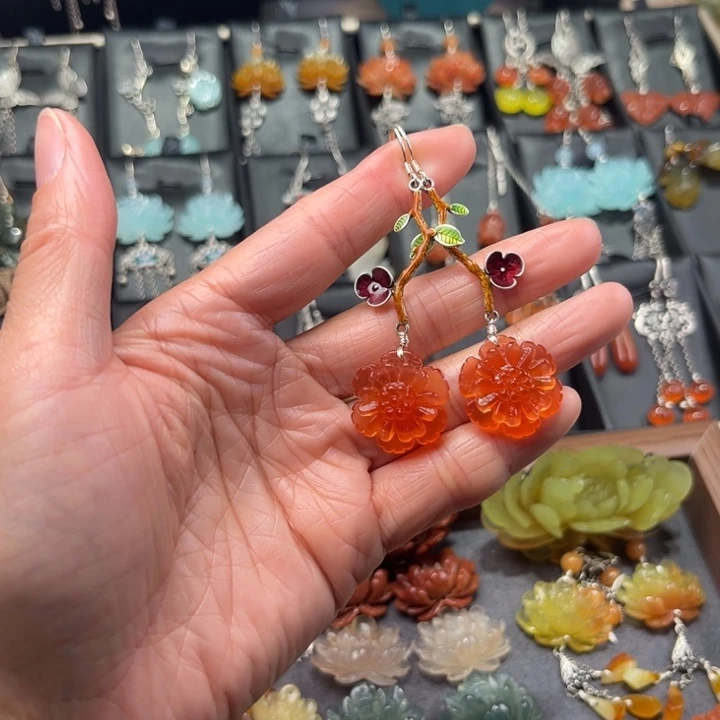 蛇纹石玉耳饰银S925镶嵌