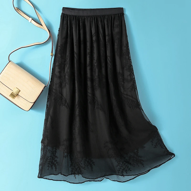 重工刺绣黑色真丝半裙气质优雅法式风桑蚕丝花朵图案出游服装女