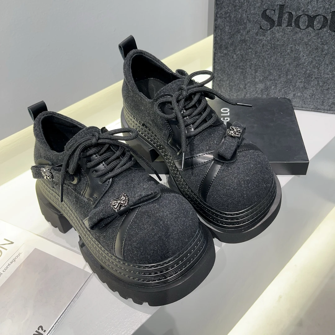 【小涵家】新款欧洲站粗花呢蝴蝶结时尚厚底增高显瘦8cm乐福单鞋ins