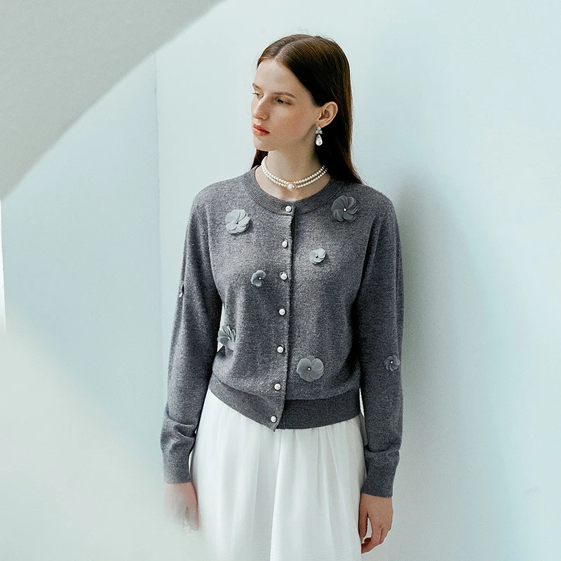 【晨粉专享价】2026春立体花朵针织开衫格雷系灰色-MOHA01KCD400G31