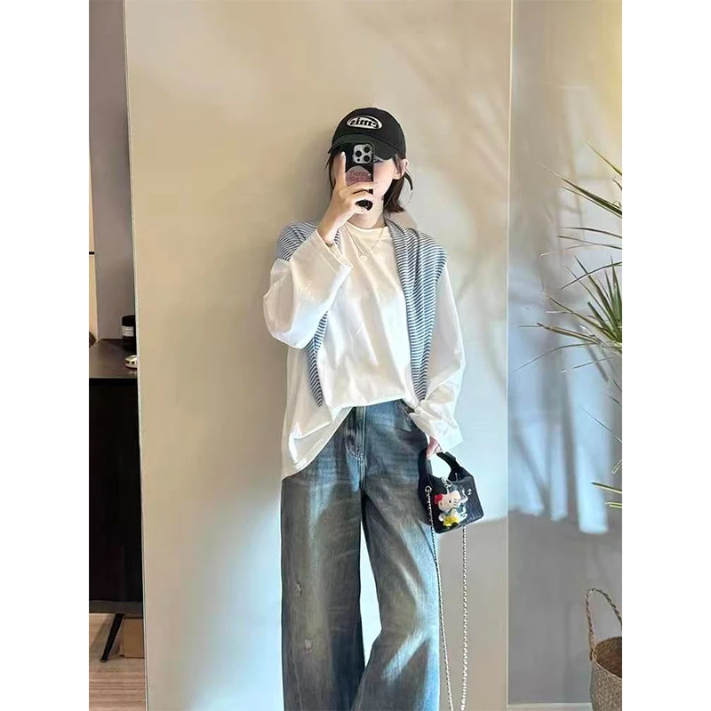 纯色纯棉百搭简约长袖T恤女宽松显瘦常规款秋季新品外穿正肩长袖