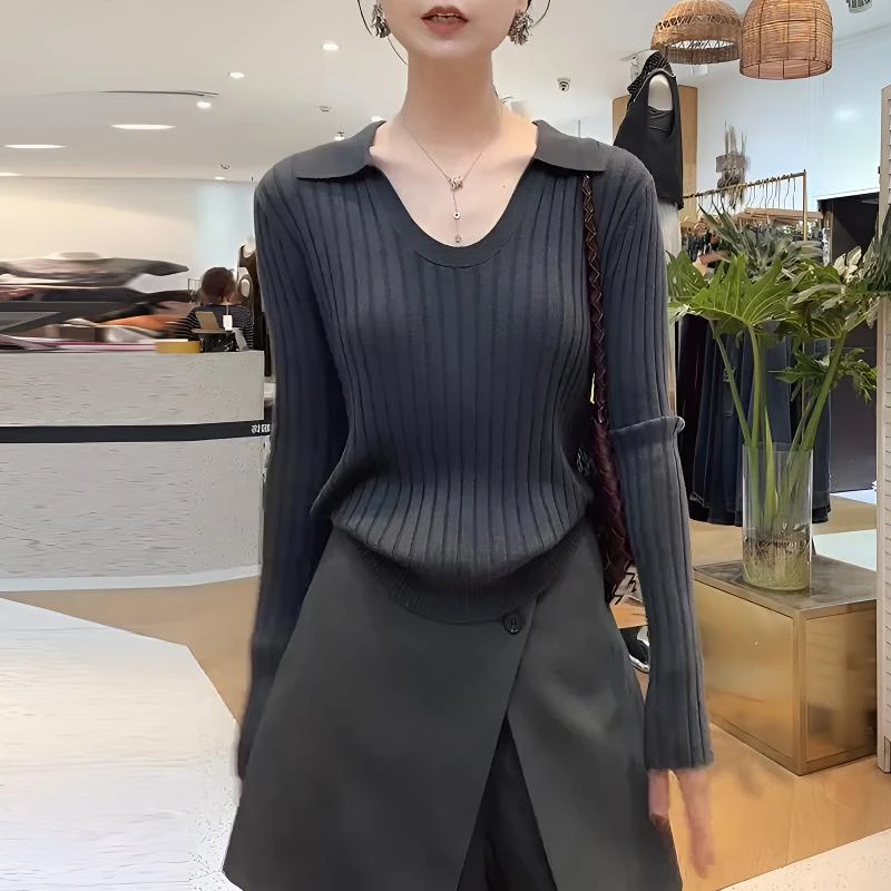 复古高级感时尚纯色2025翻领U领慵懒松弛修身长袖T恤针织衫女