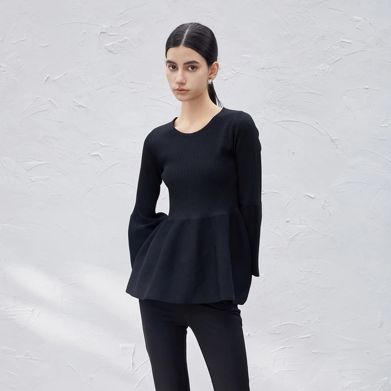 圣迪奥轻奢气质简约时尚百搭修身显瘦喇叭袖针织S23483501