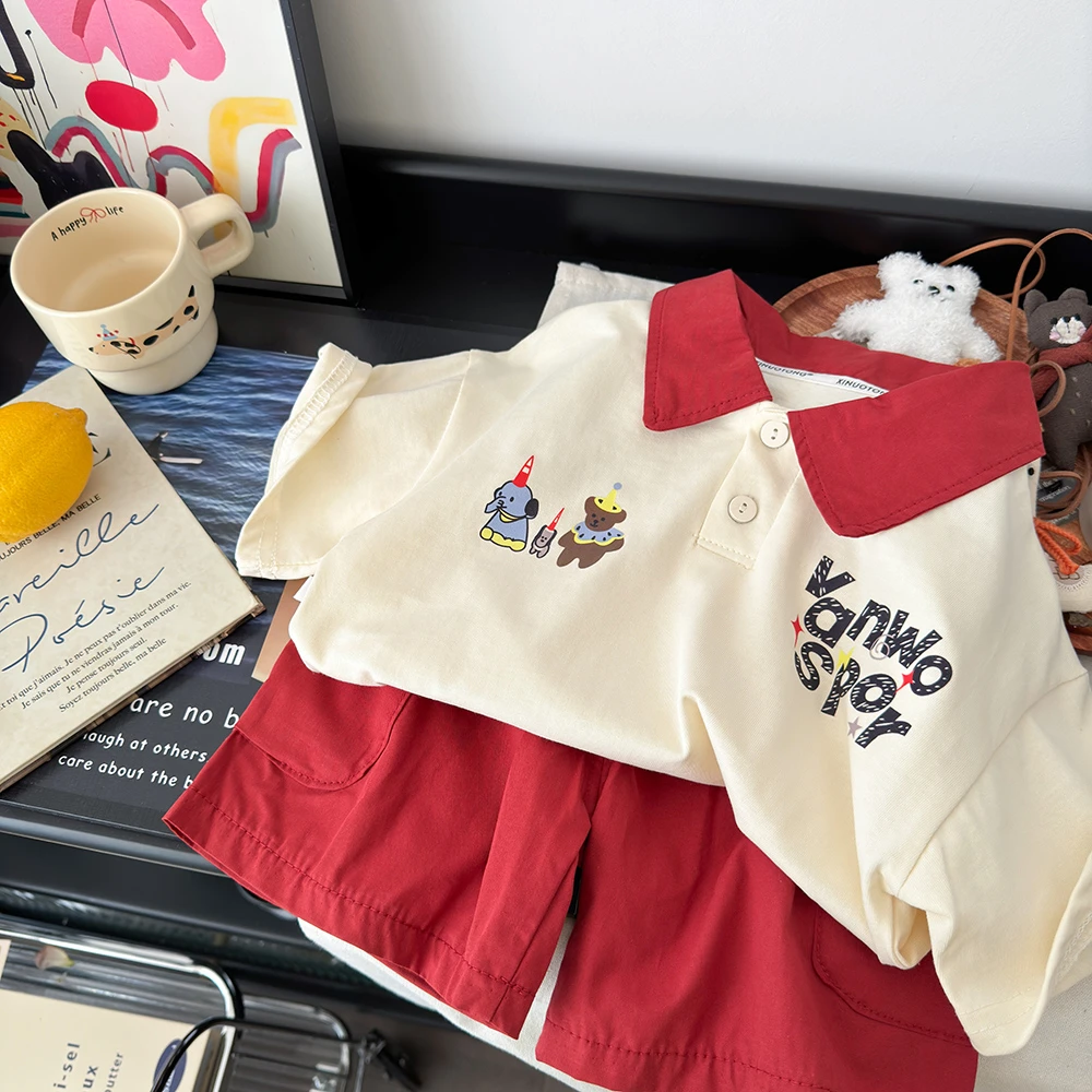 夏季新款儿童翻领POLO短袖短裤时尚卡通韩版运动休闲套装