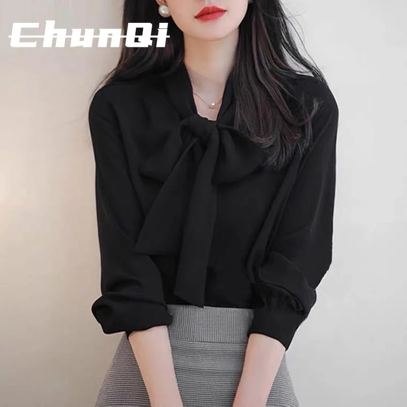 淳启显瘦店女装商场撤柜雪纺飘带衬衫女春秋气质蝴蝶结上衣长袖