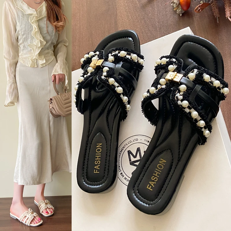 网红法式小香风珍珠拖鞋女夏2025新款外穿平底一字拖海边度假凉拖