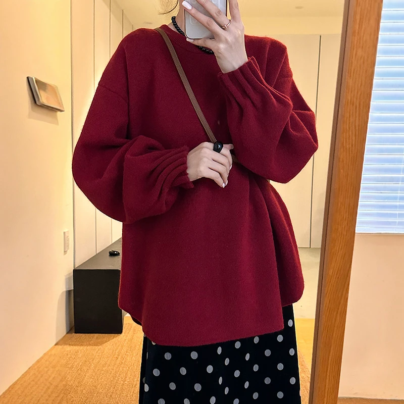 本命年圣诞红色毛衣女款2024新款冬季泡泡袖上衣高级感慵懒针织衫