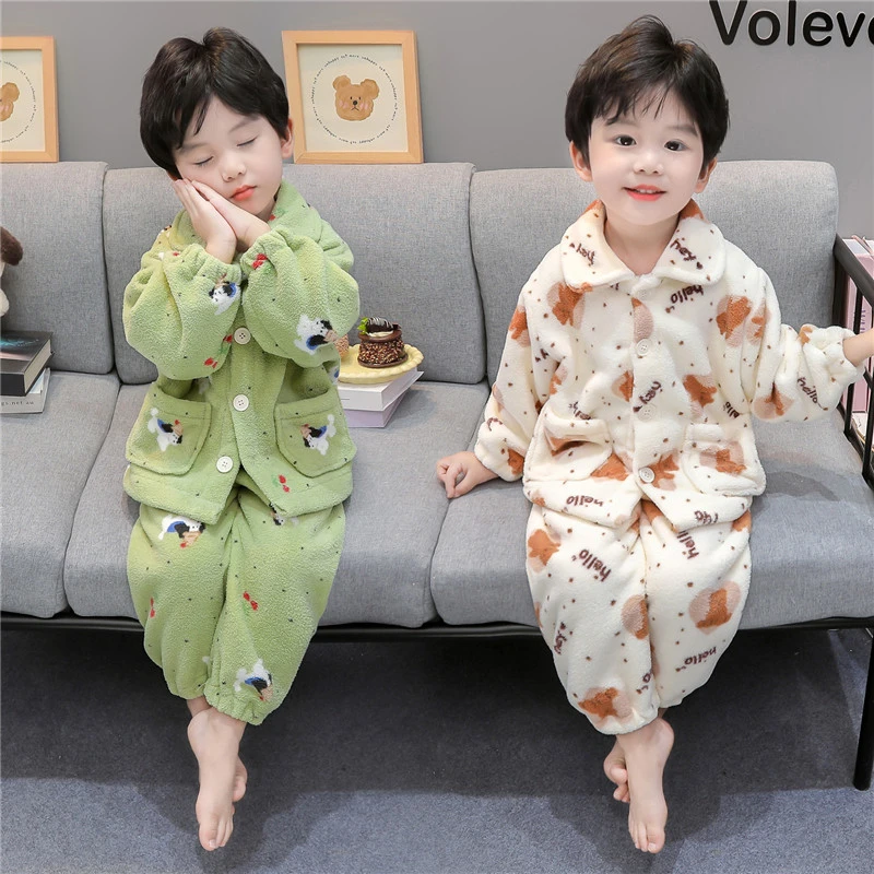 男童珊瑚绒睡衣秋冬款宝宝法兰绒保暖家居服儿童卡通翻领开衫套装