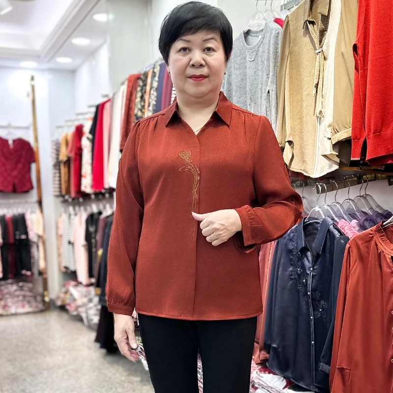 新中式国风翻领妈妈装长袖T恤薄款秋季衬衣女中老年女装刺绣上衣