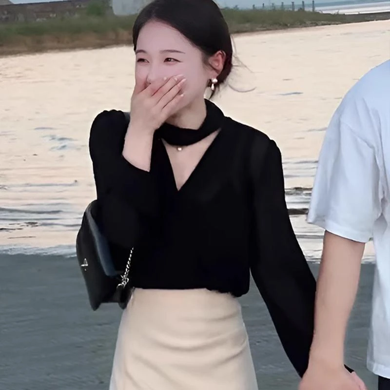 法式黑色v领衬衫女春秋小个子职业通勤衬衣挂脖飘带气质雪纺上衣