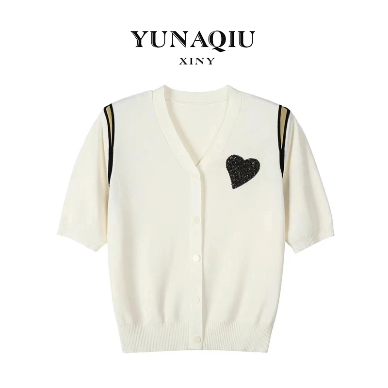 时尚百搭毛衣爱心设计小香风轻奢气质夏季V领针织衫YUNAQIU-4886