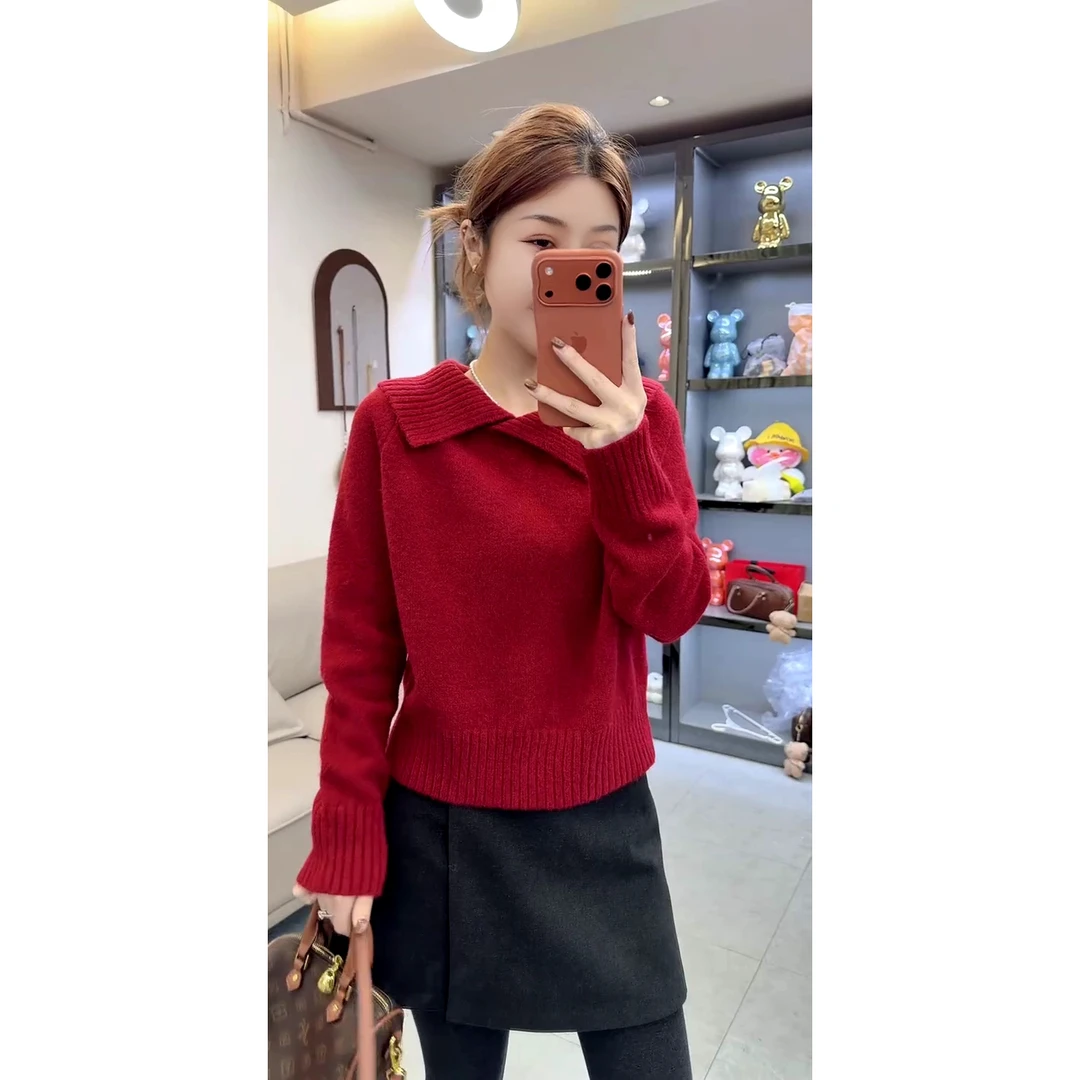 冬季新款宽松洋气时尚不规则翻领套头长袖毛衣