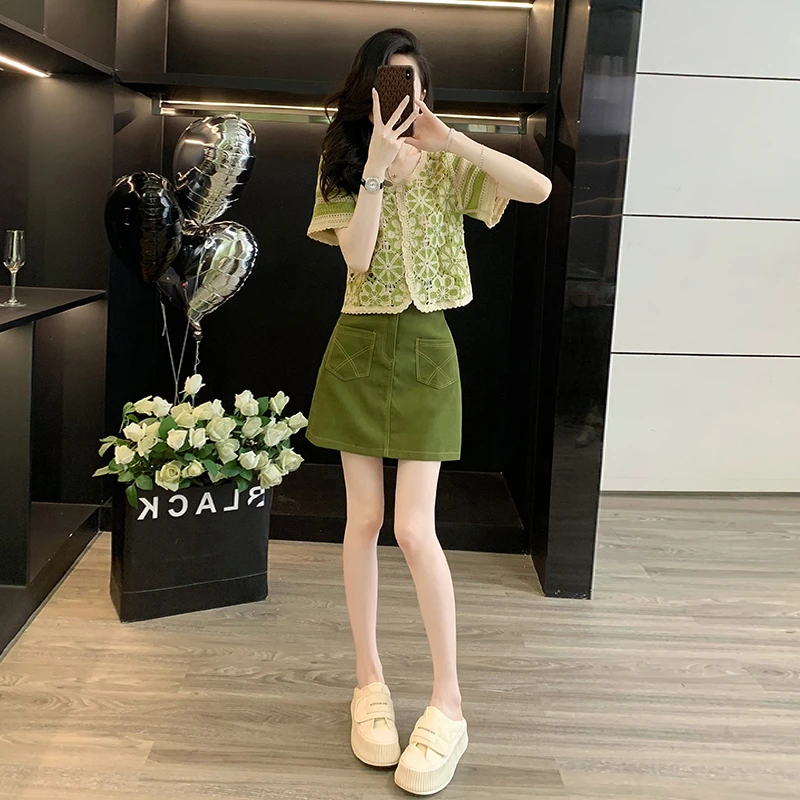 夏季新款女装甜美气质拼接蕾丝短袖绿色高腰短裙显瘦减龄两件套