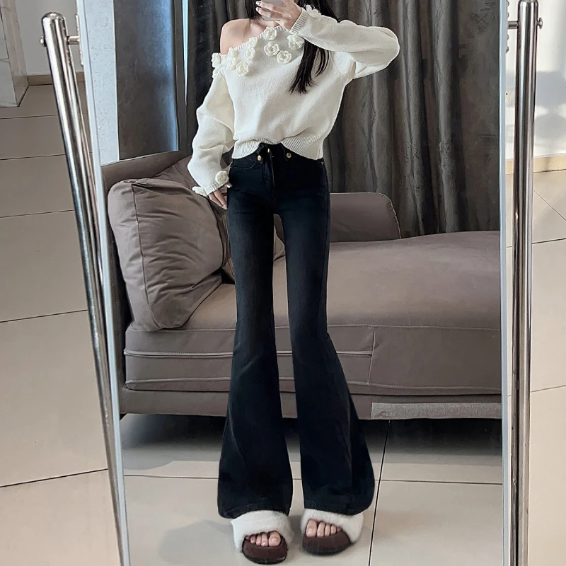 星耀黑高腰微喇叭牛仔裤女2025年春季新款辣妹修身显瘦显高小个子