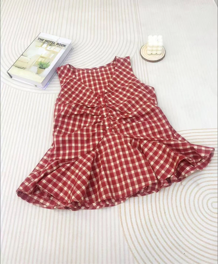复古港风红色格子V领吊带背心女装夏季小众减龄百搭显瘦无袖上衣