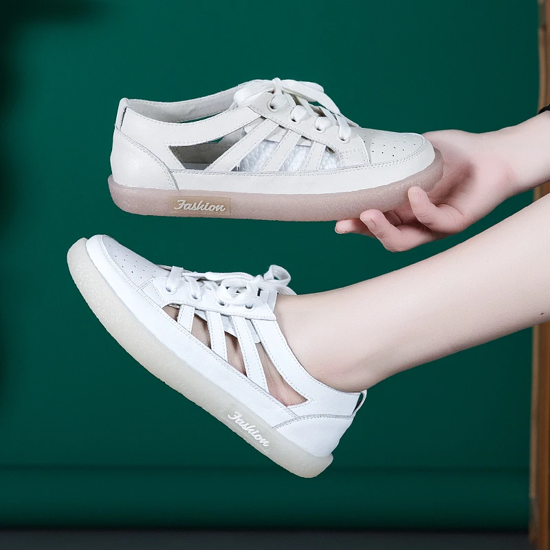 2025夏季新款透气软底防滑镂空平底真皮包头凉鞋女百搭休闲小白鞋