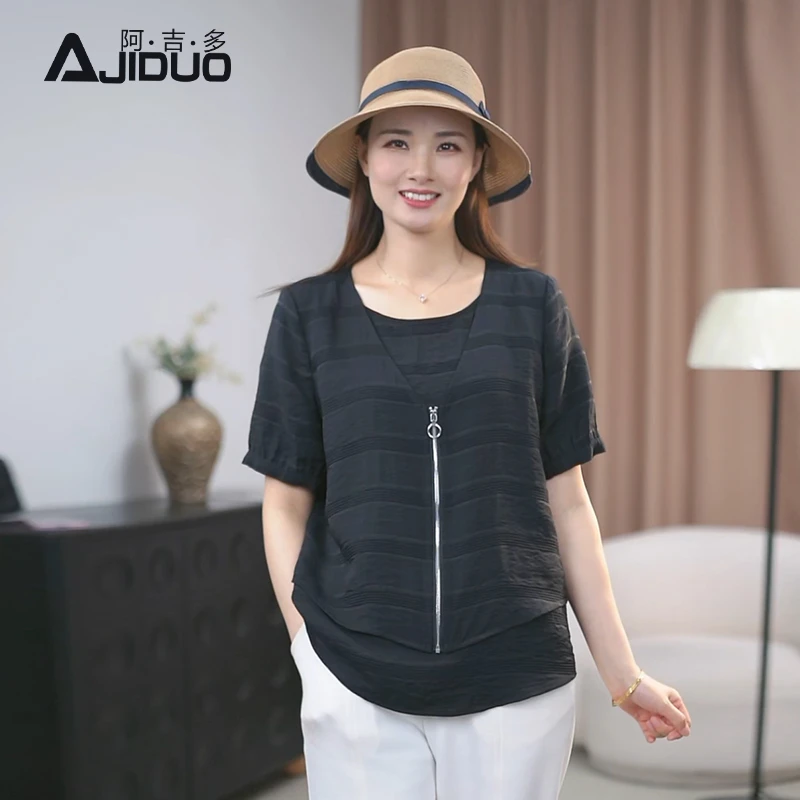 A31726阿吉多假两件黑色衬衫女夏新款提花拉链洋气小衫气质妈妈装