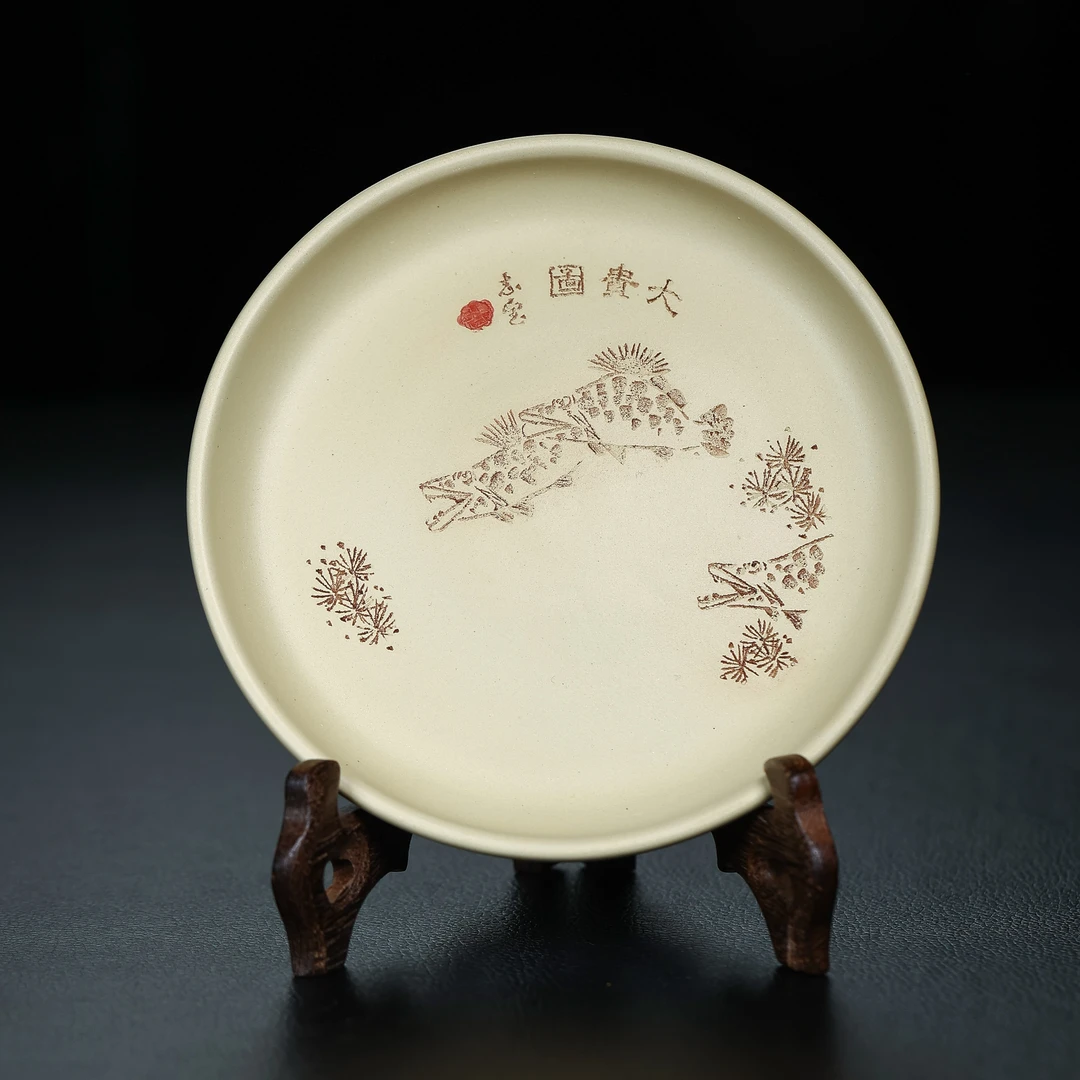 国工张志宝本山绿泥干泡盘赏盘15cm刻绘大贵图茶道雕刻