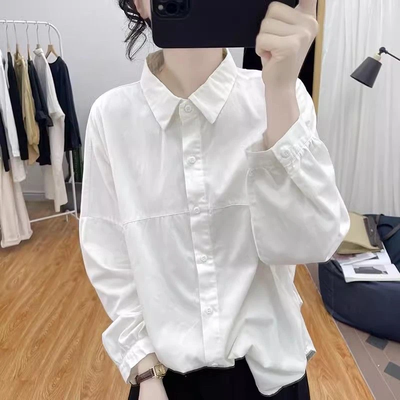 早秋新款POLO领灯笼袖纯棉衬衫女设计感小众宽松长袖衬衣气质上衣