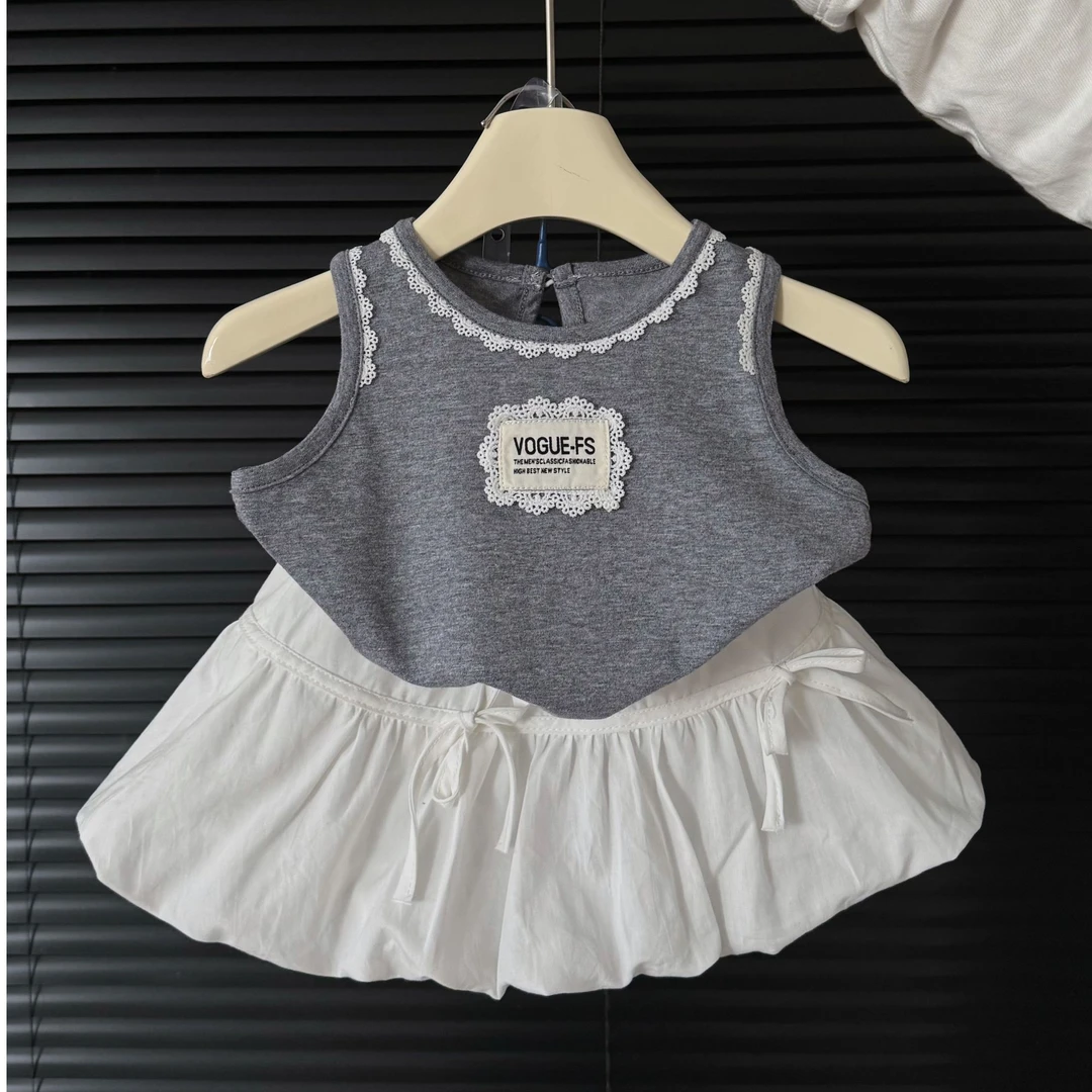 氛围感穿搭！女童夏款套装 蕾丝拼接背心上衣花苞裙两件套夏潮6012