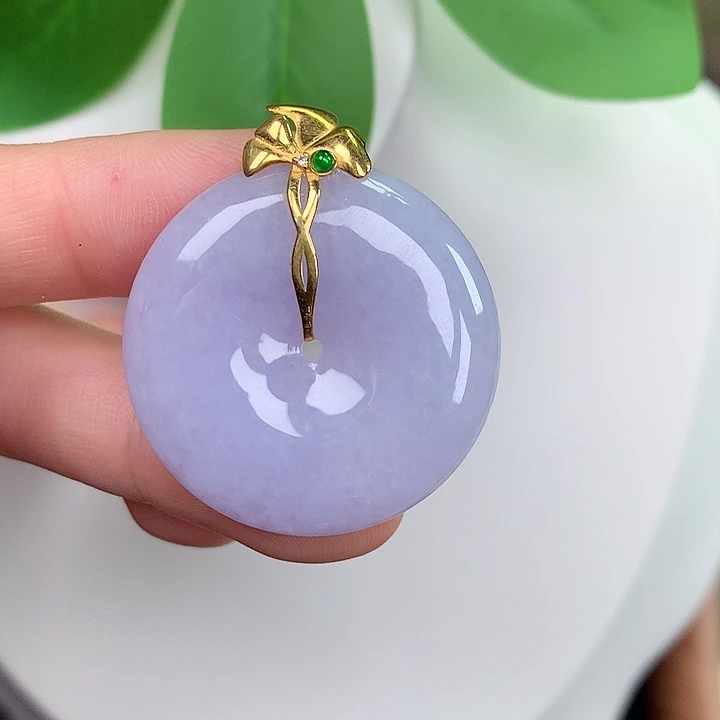 翡翠18K金镶嵌颈饰平安扣 34.1-29.8-6.0mm