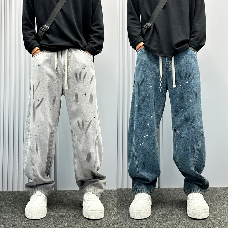 美式潮牌松紧腰涂鸦牛仔裤男秋季2025新款宽松直筒阔腿裤痞帅长裤