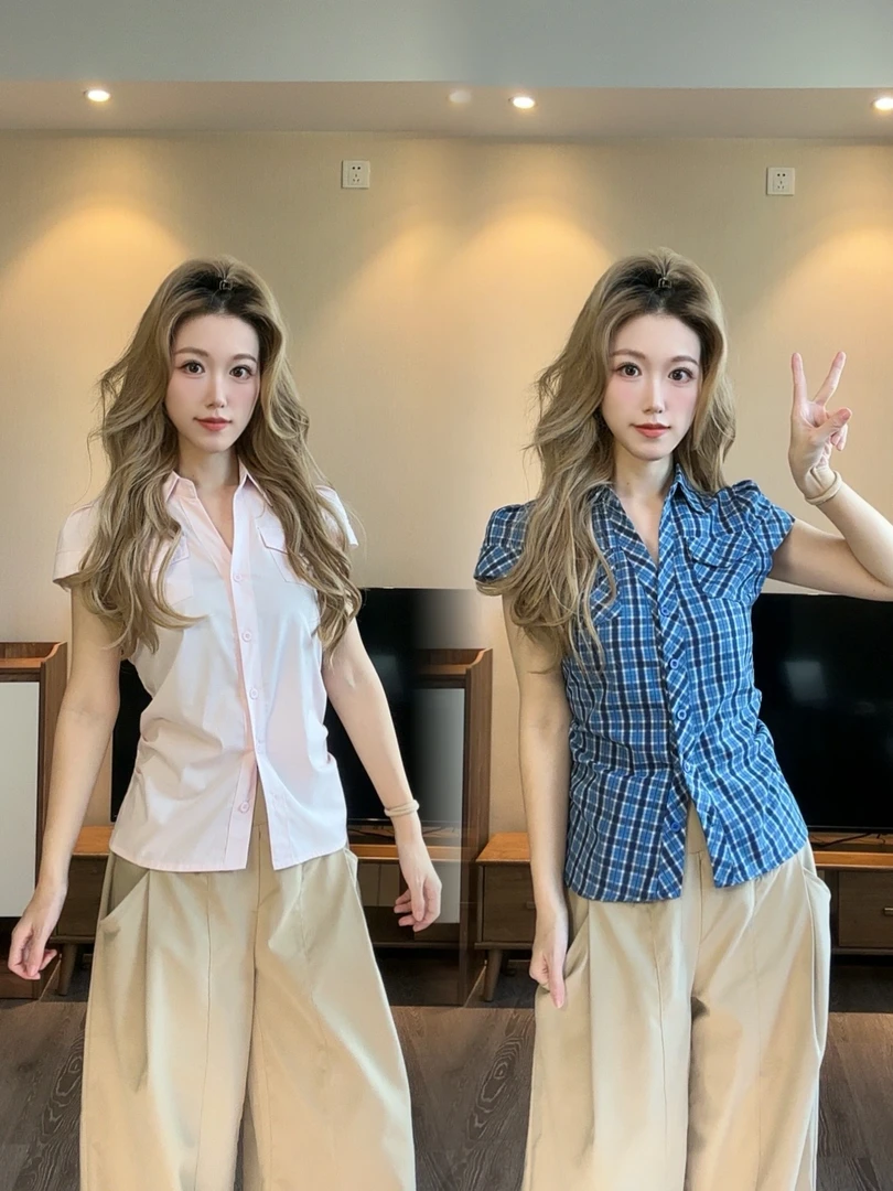 ins风韩系掐腰修身显瘦短袖口袋收腰气质衬衫上衣女格子嘟嘟