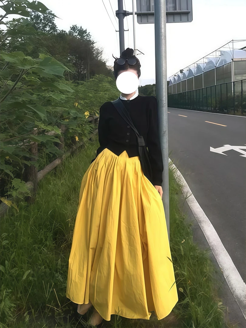 超洋气假两件黑色针织开衫卫衣➕高腰半身裙搭配一套