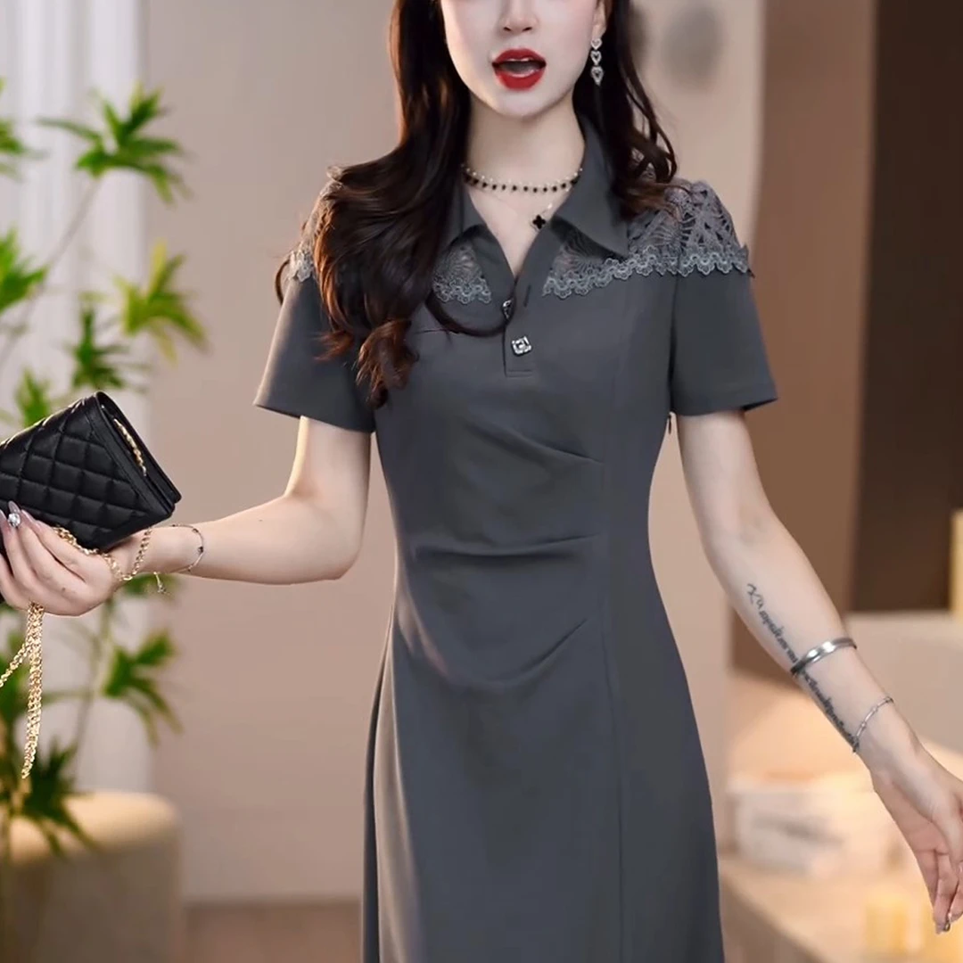 时尚蕾丝拼接短袖连衣裙女2025年夏季新款气质显瘦中长款休闲裙子