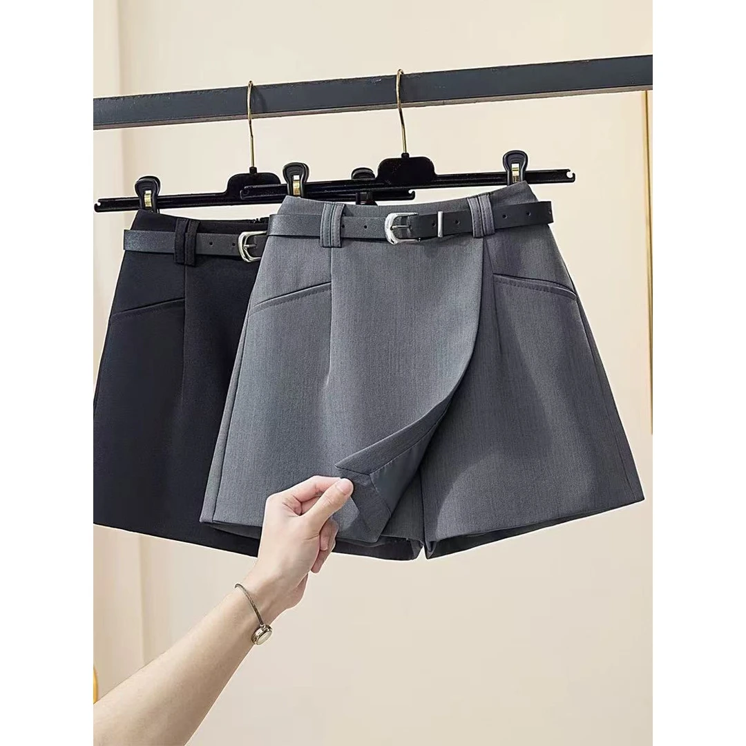 2025新款夏季高腰短裤百搭不规则A字阔腿小个子西装裤裙女