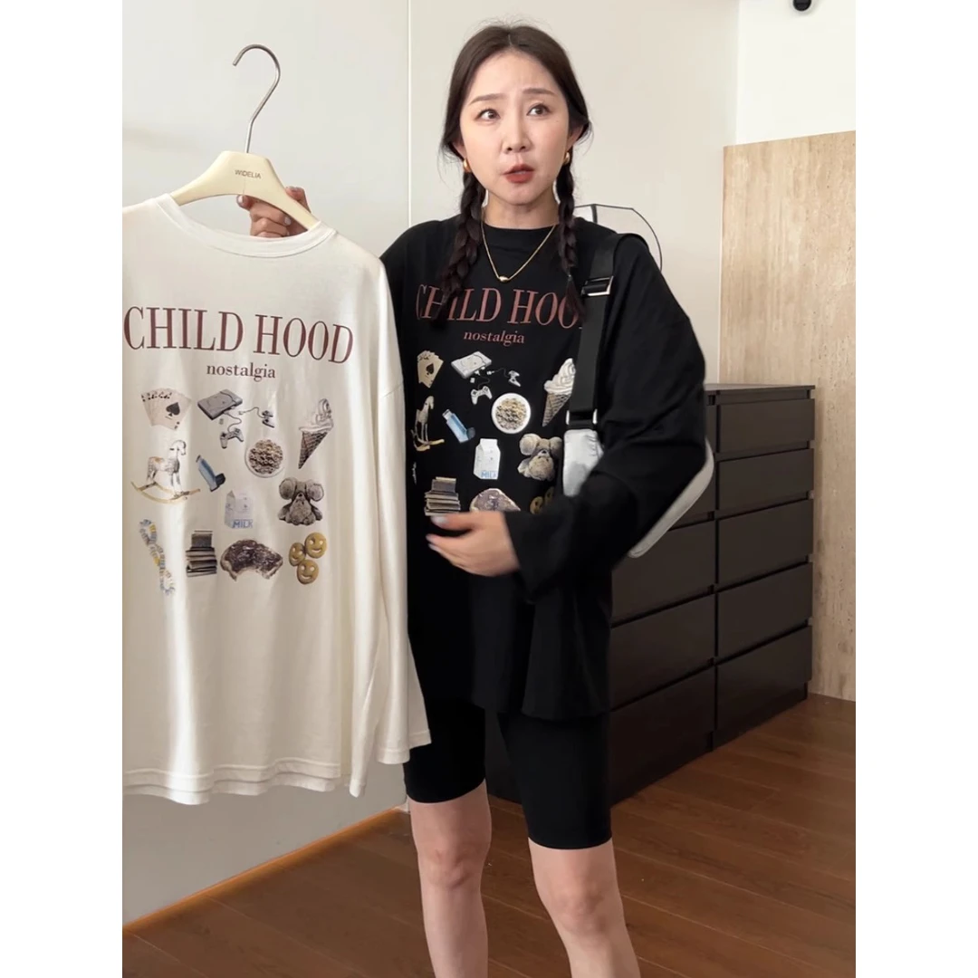 宽松型字母印花卡通风长袖T恤情侣圆领家居服秋冬时尚休闲百搭ins