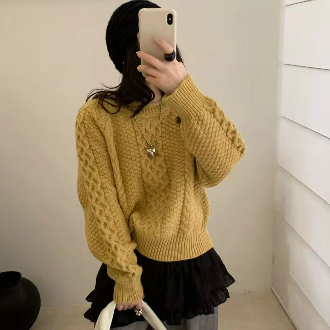 小朵家   ins穿搭#日系复古～小个子卷边圆领慵懒麻花毛衣271