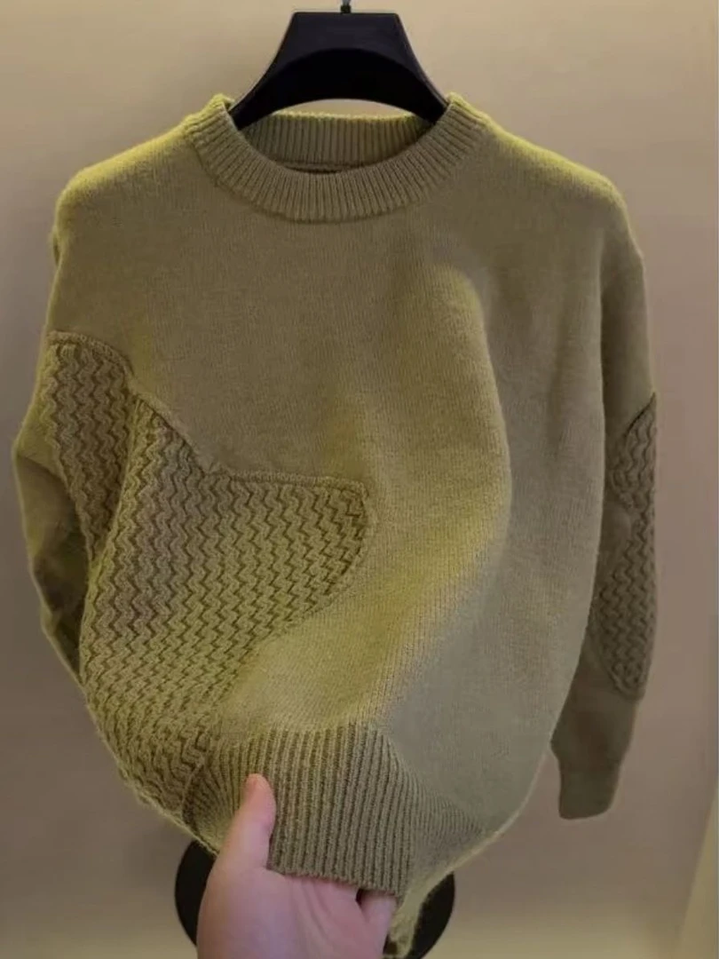 高档时尚圆领拼接提花毛衣男士冬季保暖潮流针织打底衫男装宽松