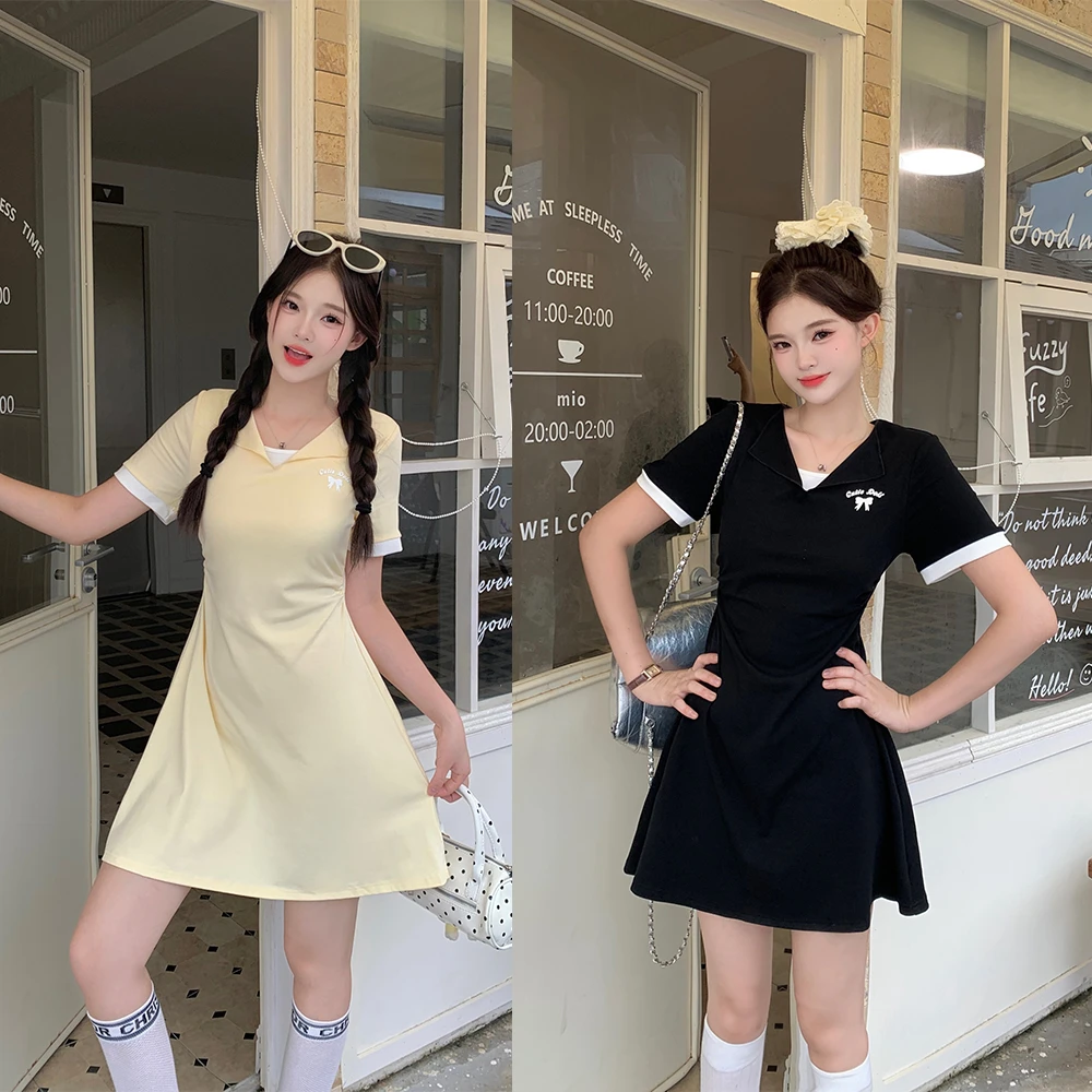 2025夏季大码女装胖mm显瘦小个子纯欲收腰假两件拼色连衣裙80126