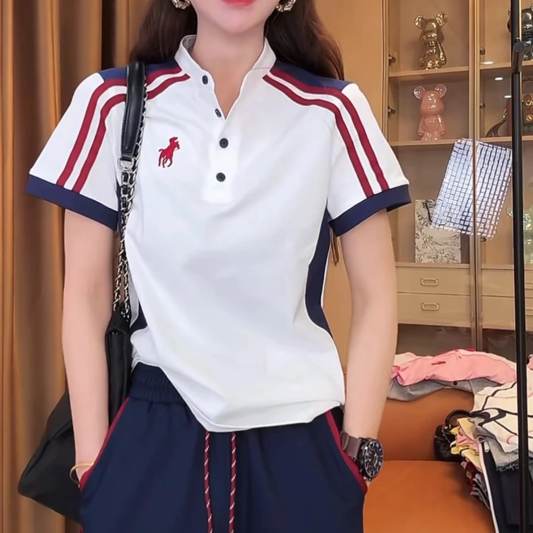 潮牌小马刺绣织带撞色单排扣短袖T恤女2025夏季新款百搭显瘦上衣