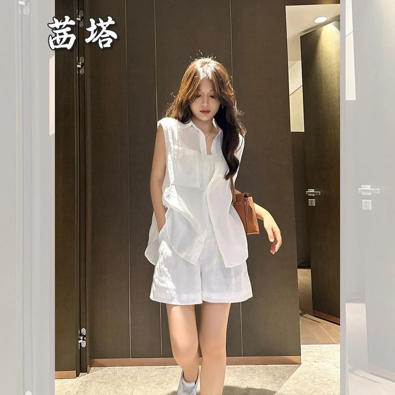 高级感老钱风时尚高端气质名媛小香风白色衬衫短裤两件套装女夏季