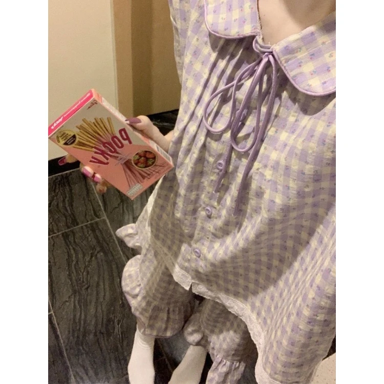 韩版小碎花格纹新款睡衣女款夏季娃娃领短袖短裤宽松两件套家居服