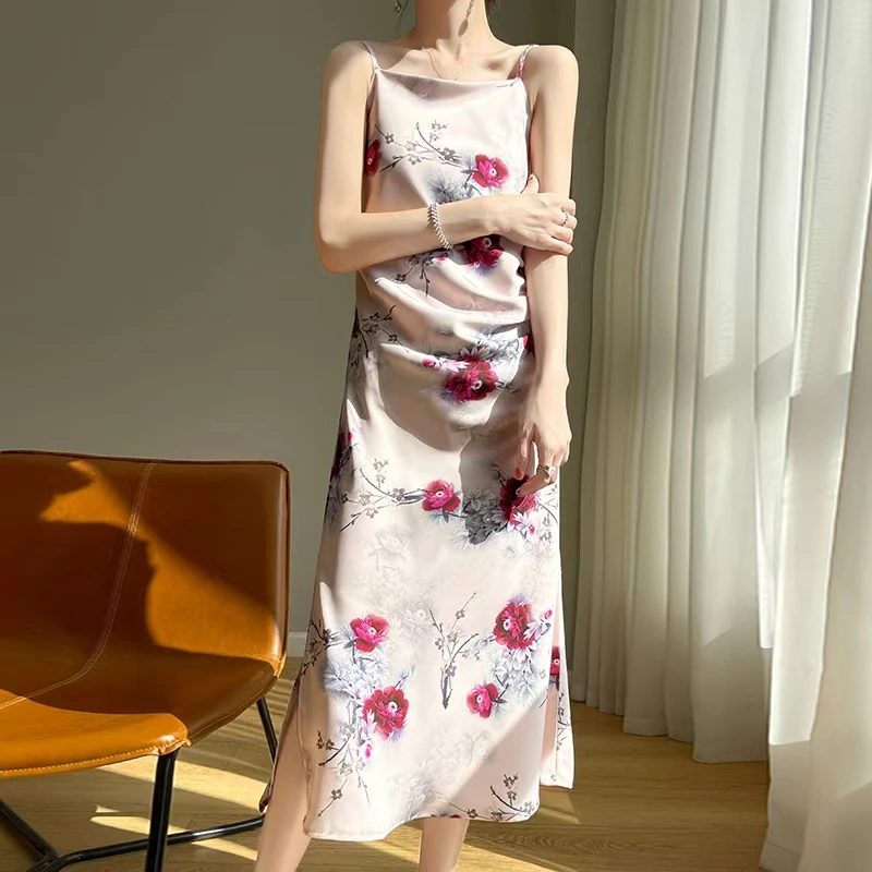 【刘营专属】夏季爆款丝滑缎面印花吊带连衣裙气质