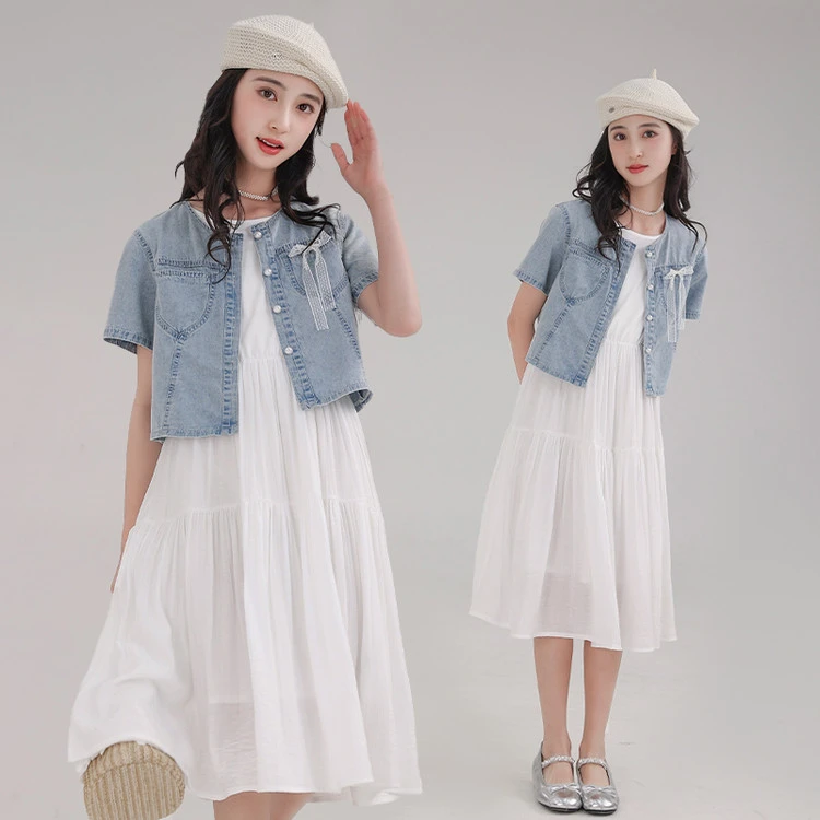 巴拉优选2025新款夏季女童两件套裙子时尚牛仔外套百褶裙连衣裙