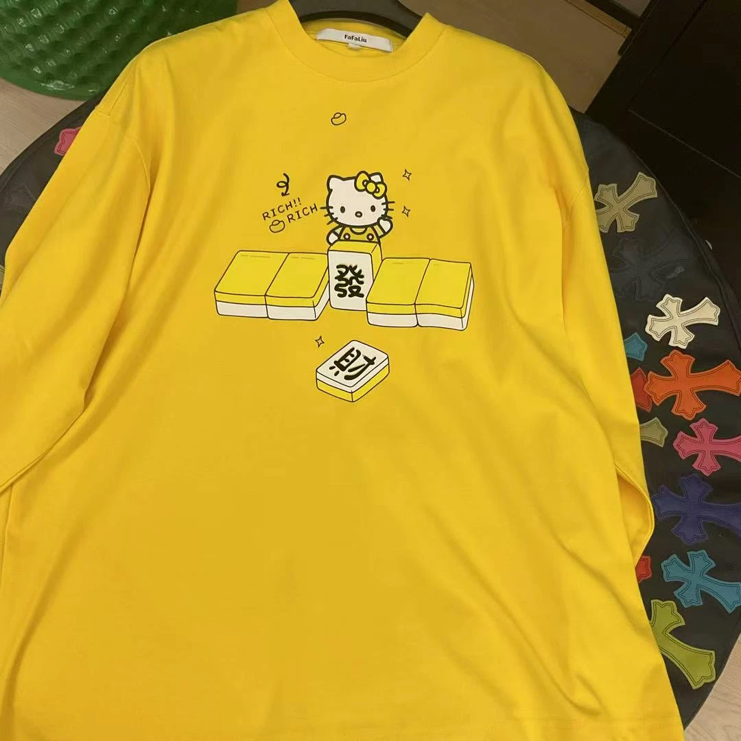 【劉發發】Q023【黄色麻将发财猫】时尚百搭休闲宽松韩版T恤
