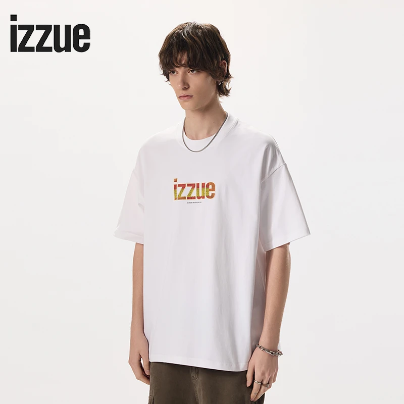 izzue圆领短袖休闲百搭全棉重磅宽松简约黑色t恤男男士T恤印花