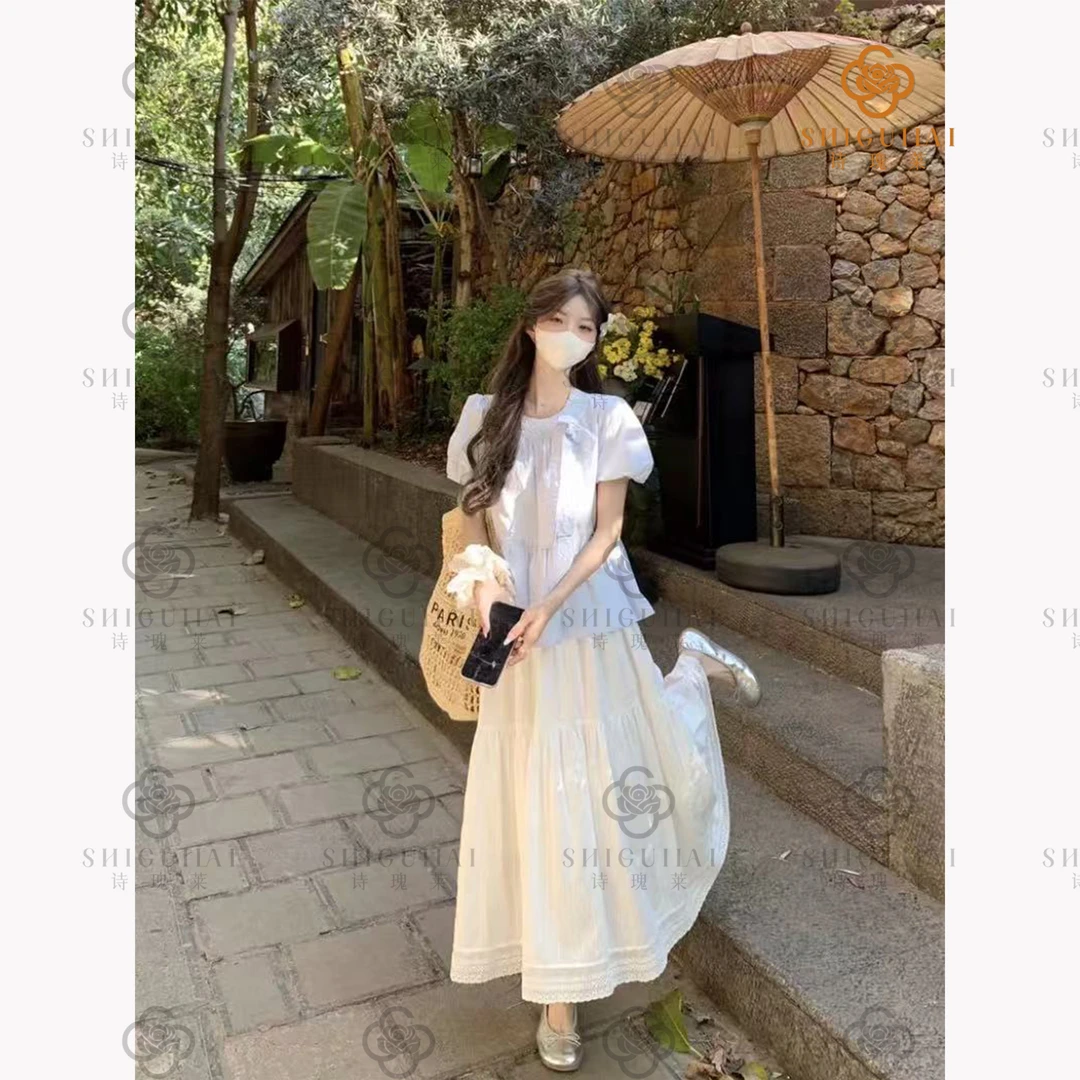 诗瑰莱泡泡袖蝴蝶圆领宽松型夏季衬衫白色高腰巴恩风法式甜美3431