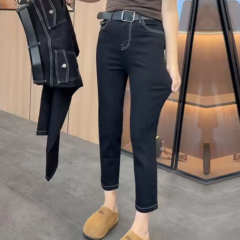 n374黑色明线设计时尚百搭八分窄版直筒牛仔裤女显瘦弹力烟管裤子