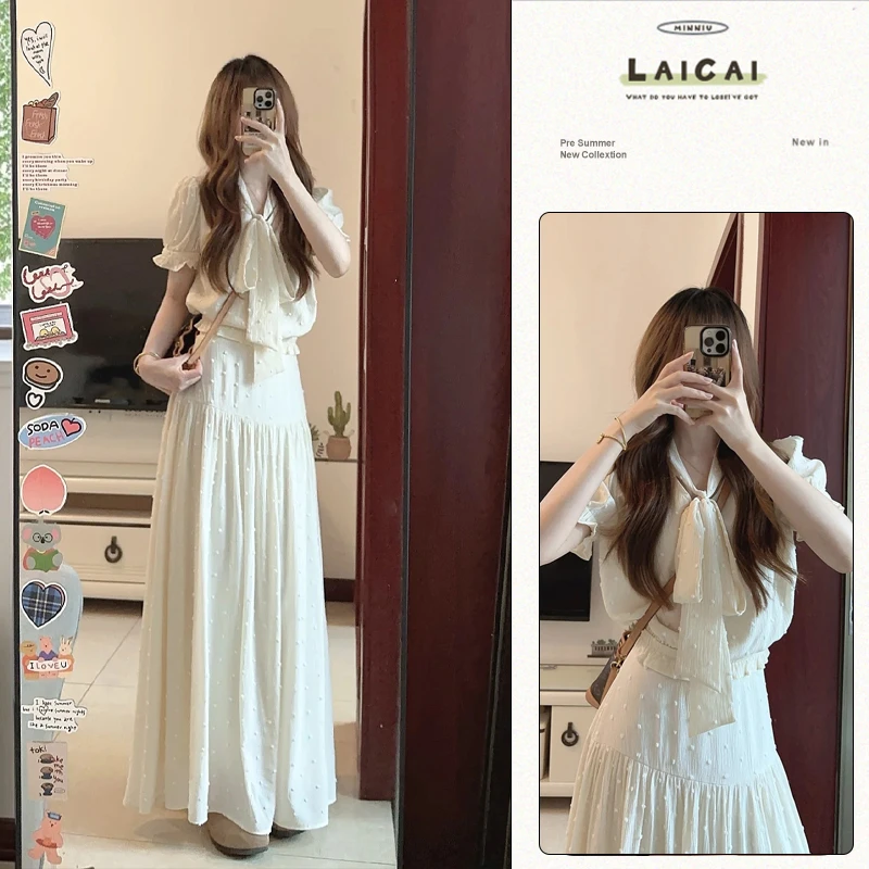 B591+B592一整套夏季绑带泡泡袖V领上衣独特高腰复古半身裙子